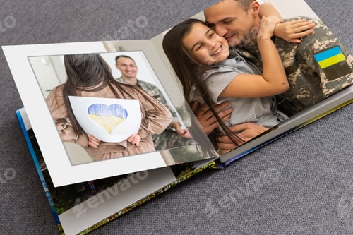 Preview: Family photos archive saved in brightly designed photo book; bright summer memories placed in the