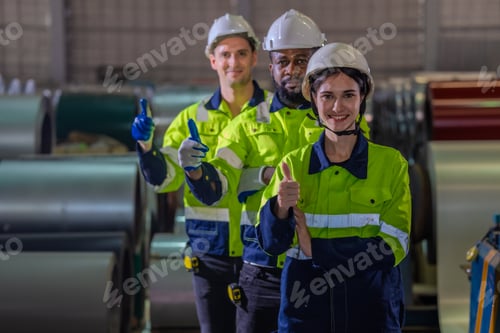 Preview: Diverse Team of Metalworking Professionals Giving Thumbs Up in an Industrial Factory Setting