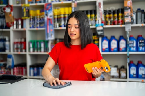 Preview: Female worker wiping counter and holding a point of sale terminal in an auto parts store