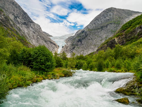 Preview: Briksdalbreen glacier and its water torrent, Jostedalsbreen National Park, Norway.
