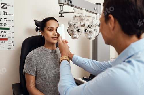 Preview: Shot of an optometrist covering her patients eyes with an occluder during an eye exam