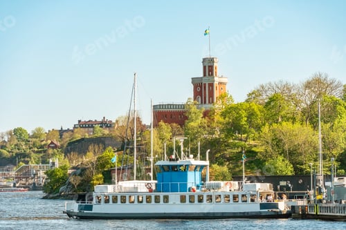 Preview: Passenger ferry named Djurgarden 9 in front of the lush greenery and historic stockholm