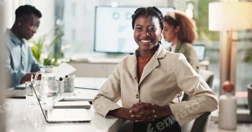 Preview: Black woman, meeting and portrait in office with teamwork, collaboration and project. Happy, smile