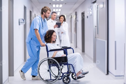 Preview: Doctor pushing a pregnant woman on wheelchair