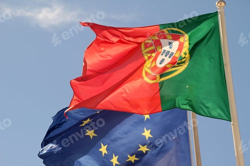 Preview: European Union and Portugal flags waving against the background of blue sky