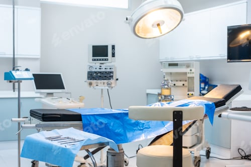 Preview: Modern operating room with surgical instruments equipment and tool.