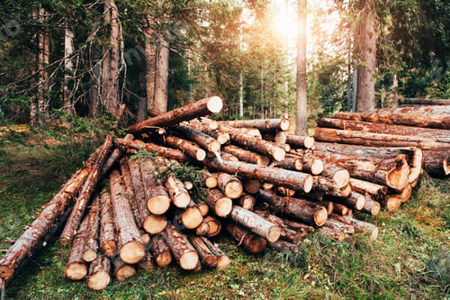 Preview: Sunlight through the trees. Freshly harvested wooden logs stacked in a pile in the green forest