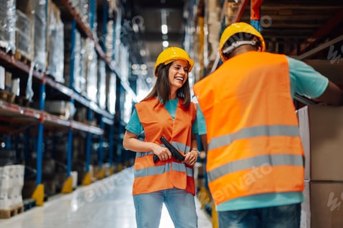 Preview: Warehouse workers collaborating in an organized storage space.