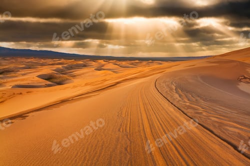 Preview: Sunset over the sand dunes in the desert. Arid landscape of the Sahara desert.