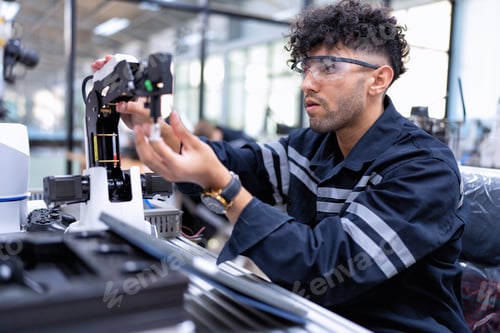 Preview: Engineer sitting in robot fabrication room quality checking robot arm hardware engineering