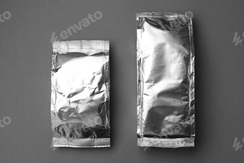 Preview: Blank foil packages on grey background, flat lay