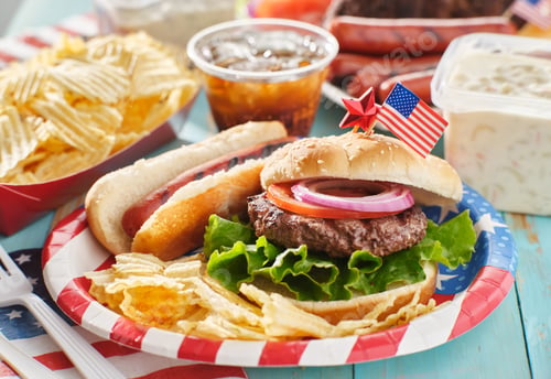 Preview: 4th of july meal with hamburger and hot dog