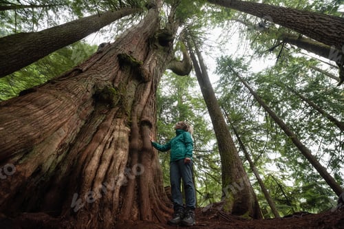 Preview: Adventurous Caucasian Girl standing by the Big Cedar Tree in the forest