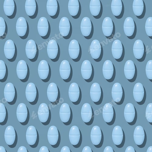 Preview: Blue medical pills on blue top view, hard light, creative pattern. Healthcare products