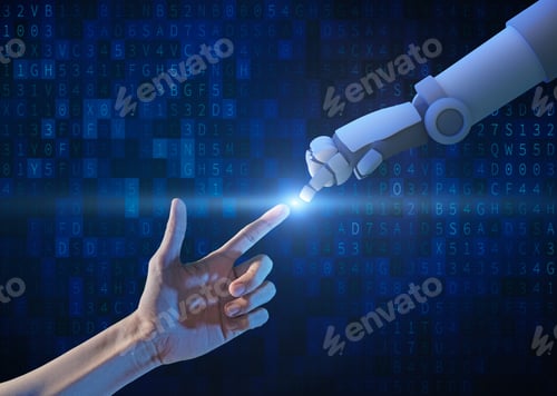 Preview: Human hand and robot hand with binary number code and light on blue screen background