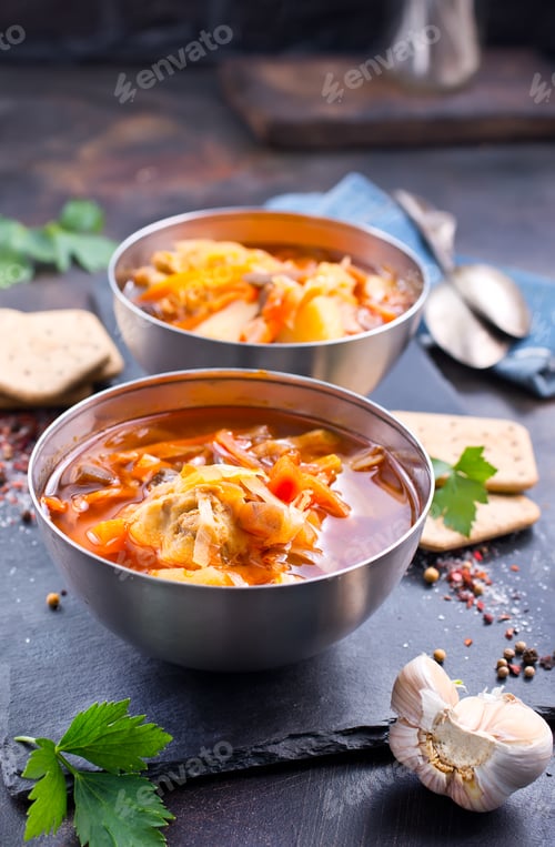 Hearty Vegetable Soup in Metal Bowls