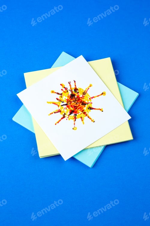 Preview: front view paper stickers with covid drawing on blue background hospital drug virus health lab
