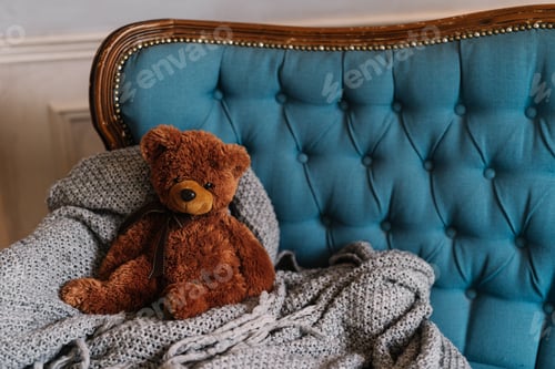 Preview: Brown teddy bear on luxury sofa. Coziness and domestic atmosphere. Toy on grey blanket at couch