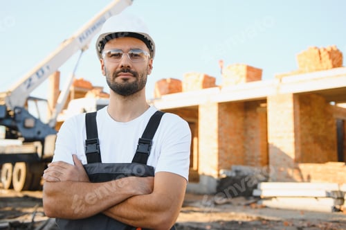 Preview: Construction worker in uniform and safety equipment have job on building. Industrial theme