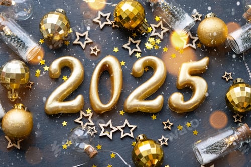 Preview: The golden figures 2025 made of candles on a black stone slate background are decorated with a festi