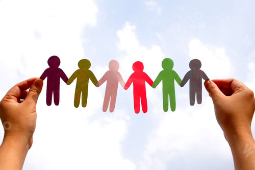 Preview: Hands Holding Paper Human Figures Against Cloud Background