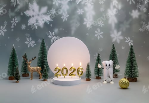 Preview: cartoon model of a tooth, burning candles in the form of numbers 2026 on a white round podium