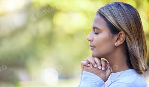 Preview: Prayer, peace and worship with woman in nature and mockup for God, spirituality and religion faith.