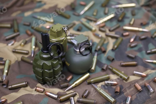 Preview: Different types of ammunition on a camouflage background. Preparing for war