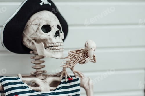 Preview: Halloween skeleton character in pirate costume with cocked hat black