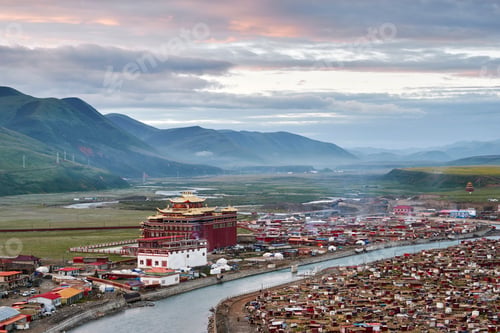 Preview: Elevated view of river and valley town, Baiyu, Sichuan, China