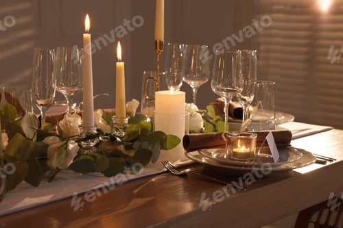 Preview: Festive table setting with beautiful tableware and decor indoors