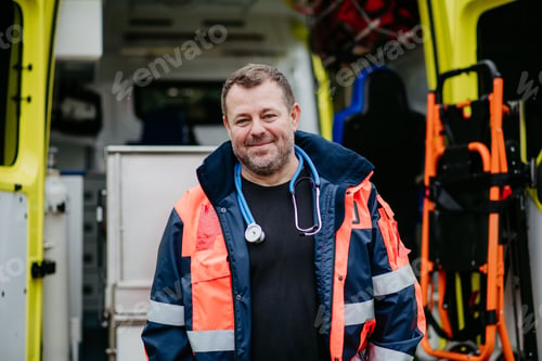 Preview: Portrait of doctor standing in front of ambulance car.