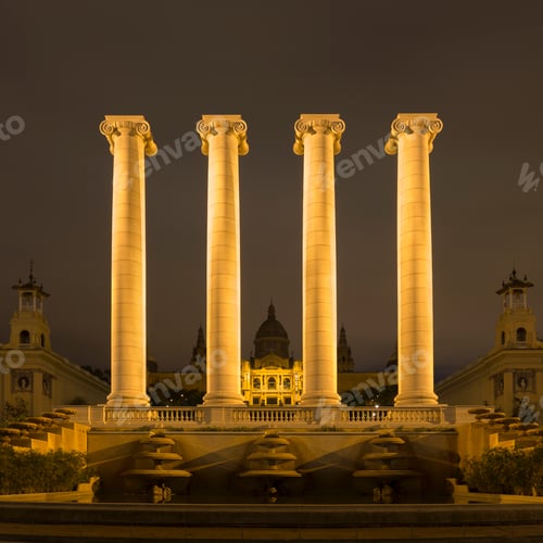 Preview: View of columns in front of Museu Nacional d'Art de Catalunya at night, Barcelona, Catalonia, Spain