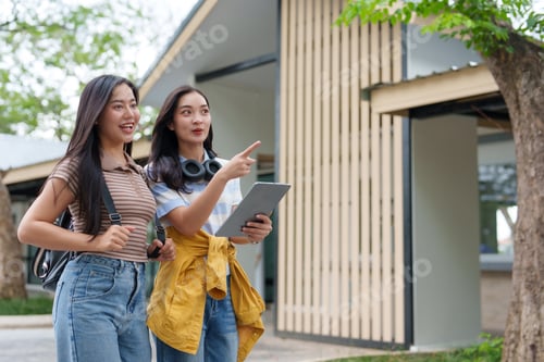 Aperçu: Students using tablet and pointing while visiting university campus