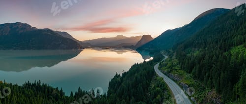 Preview: Sea to Sky Highway on Pacific Ocean West Coast. Aerial Panorama.
