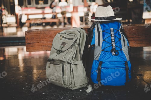 Preview: image of backpack in train station. Travel concept.