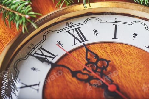 Preview: Happy New Year at midnight 2018, Old wooden clock and fir branches