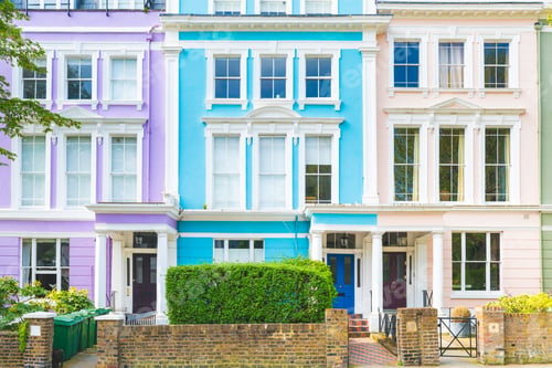 Preview: Colorful row of houses in London on a sunny day