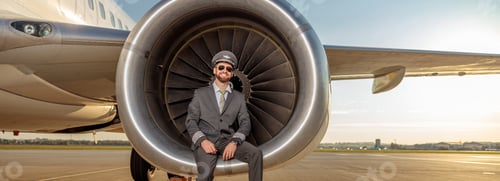 Preview: Cheerful male pilot sitting in airplane engine at airport