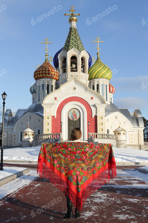Preview: Russian Tourist Girl In Vintage Pavlovo Posad Shawl, Look. Orthodox Saint Igor Chernigovsky'S