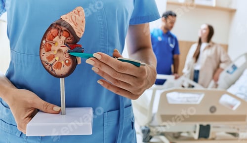 Preview: Urology and treatment of kidney disease. Anatomical model of human kidney in hands of doctor