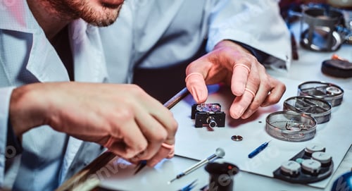 Preview: Expirienced clockmaster is fixing old watch for a customer at his repairing workshop