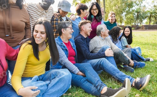 Preview: Group of multigenerational people having fun together at city park
