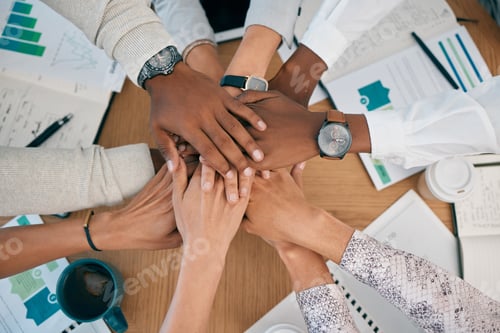 Preview: Teamwork, collaboration and stack of hands with documents, analytics report and infographics on des