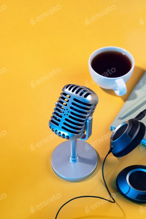 Preview: Retro microphone close-up with blue neon lights on yellow background.