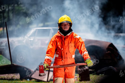 Preview: Firefighters safety using twirl water fog type fire extinguisher to fighting with fire from oil and