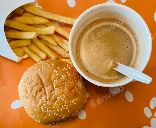 Preview: Top view of fast food; burger, fries and coffee