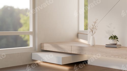 Preview: Dried flower vase and potted plant on books aside wooden staircase and sunshine through wall window.