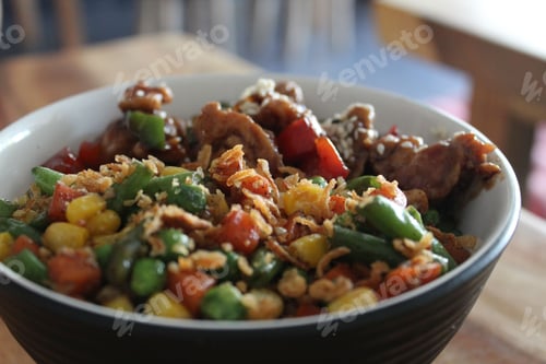 Preview: Closeup of a bowl with cooked vegetables and spices