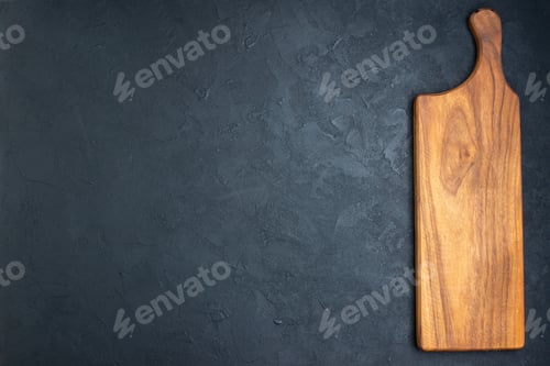 Preview: top view brown cutting board on dark background meal hardwood horizontal salad chic note border food